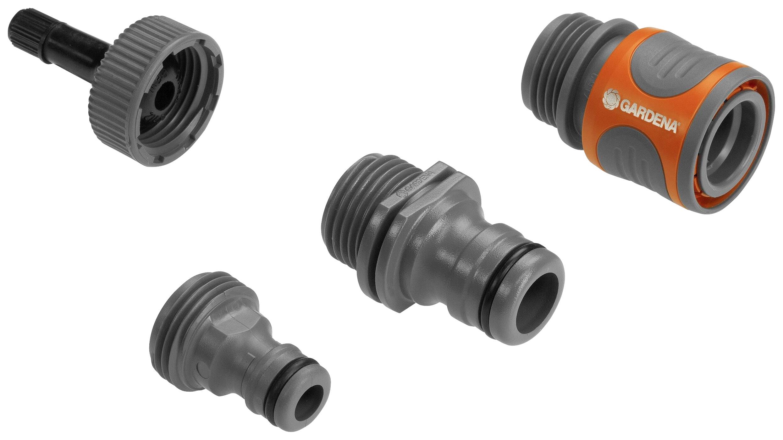 Verschiedene Gardena-Schlauchverbinder sind abgebildet, darunter ein Hahnverbinder, Schnellkupplungen und ein Spritzenanschluss.