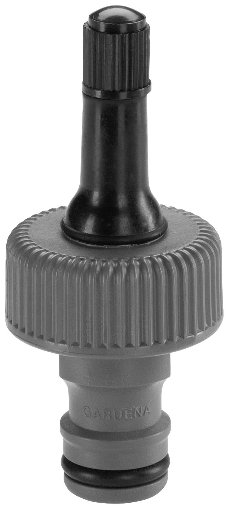 Ein schwarzer Reifenventiladapter mit grauem Schraubverschluss, geeignet für Luftbefüllung, auf weißem Hintergrund.