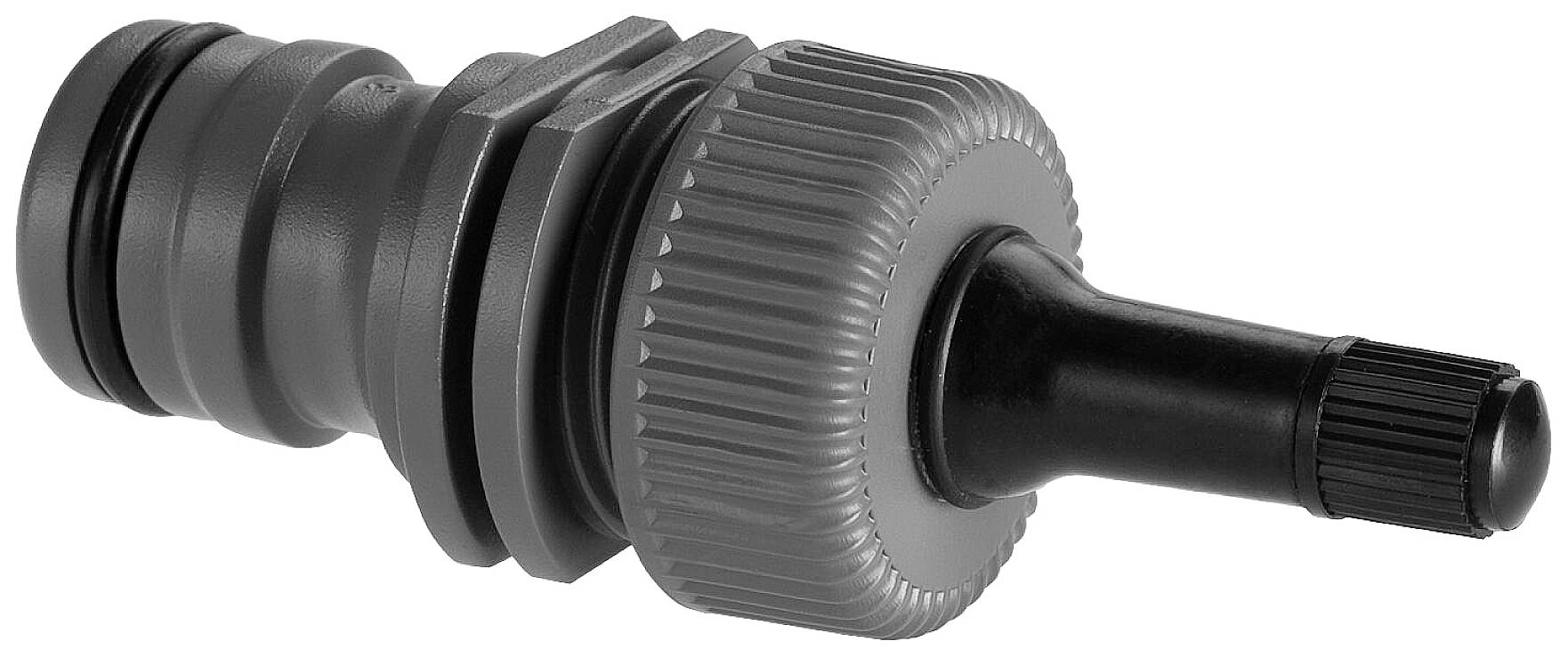 Ein schwarzer, gerillter Schlauchanschlussadapter mit mehreren Dichtungen, verwendet zur Verbindung von Gartenschläuchen.