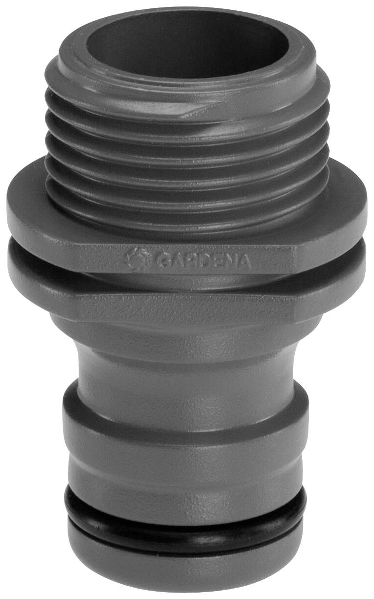 Ein grauer Schlauchadapter mit Gewinde und Dichtung, geeignet für Gartenschläuche und Bewässerungssysteme.
