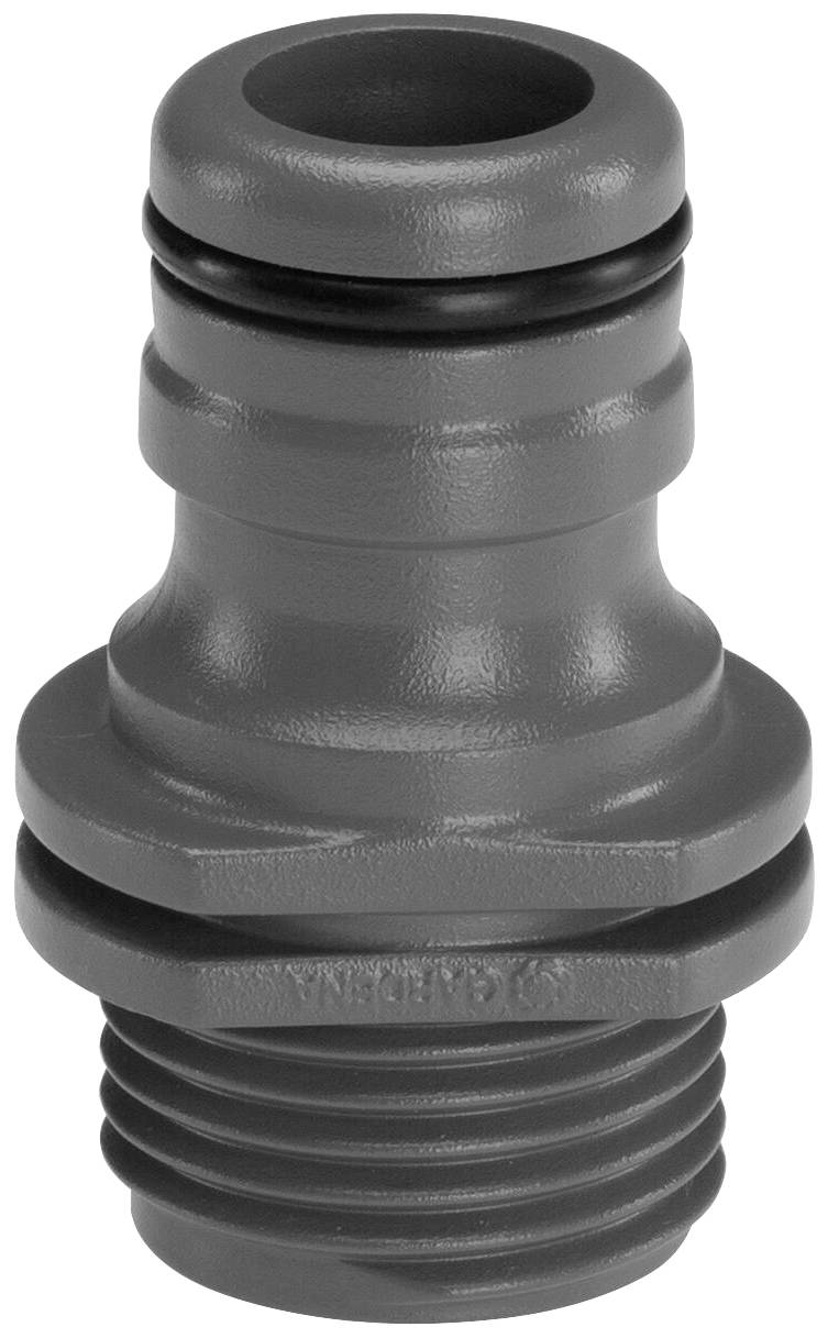 Ein grauer Schlauchadapter mit Außengewinde und zwei O-Ringen zur Dichtung. Geeignet für den Anschluss von Gartenschläuchen.