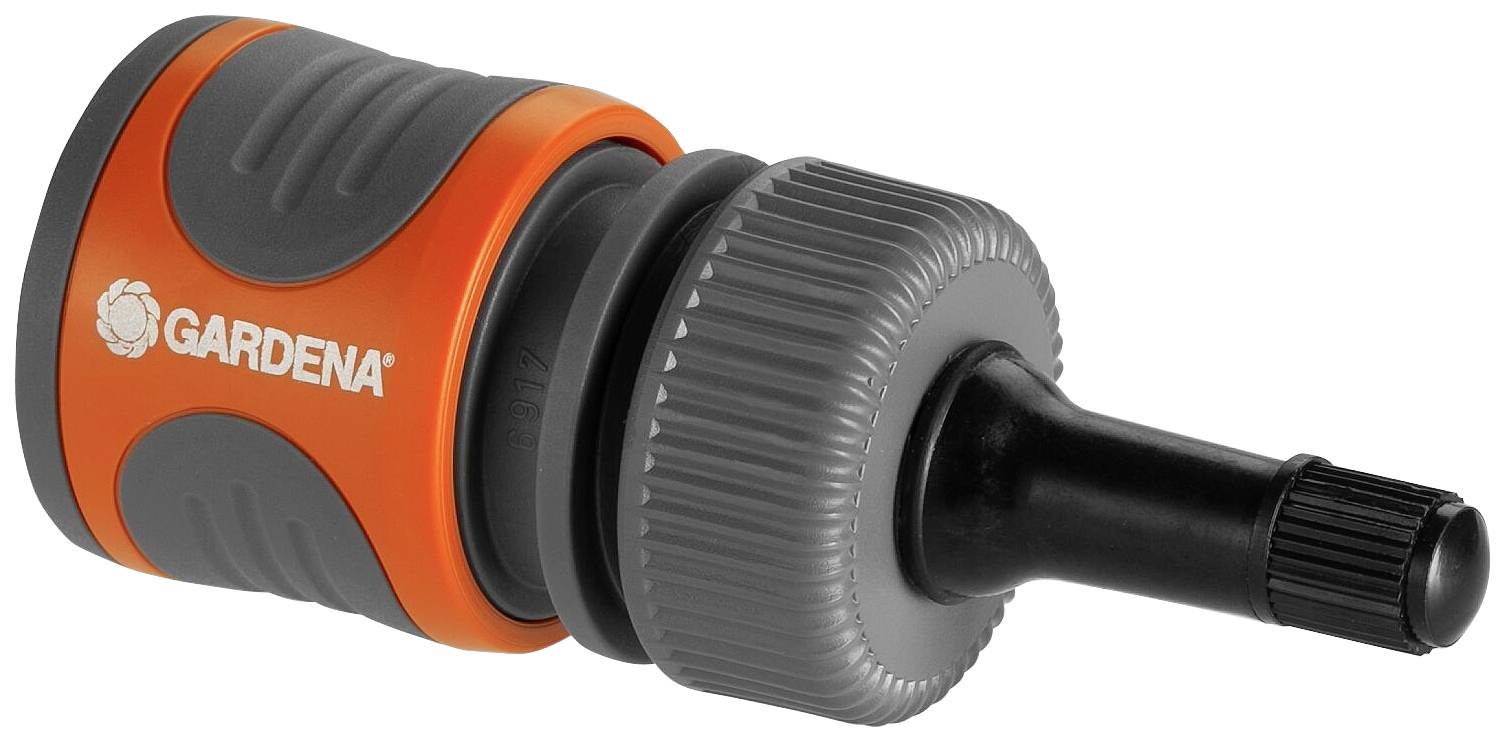 Garten-Wasserschlauch-Anschlussstück von Gardena, orange-schwarz, mit geripptem Grauring und schwarzem Schlauchende.
