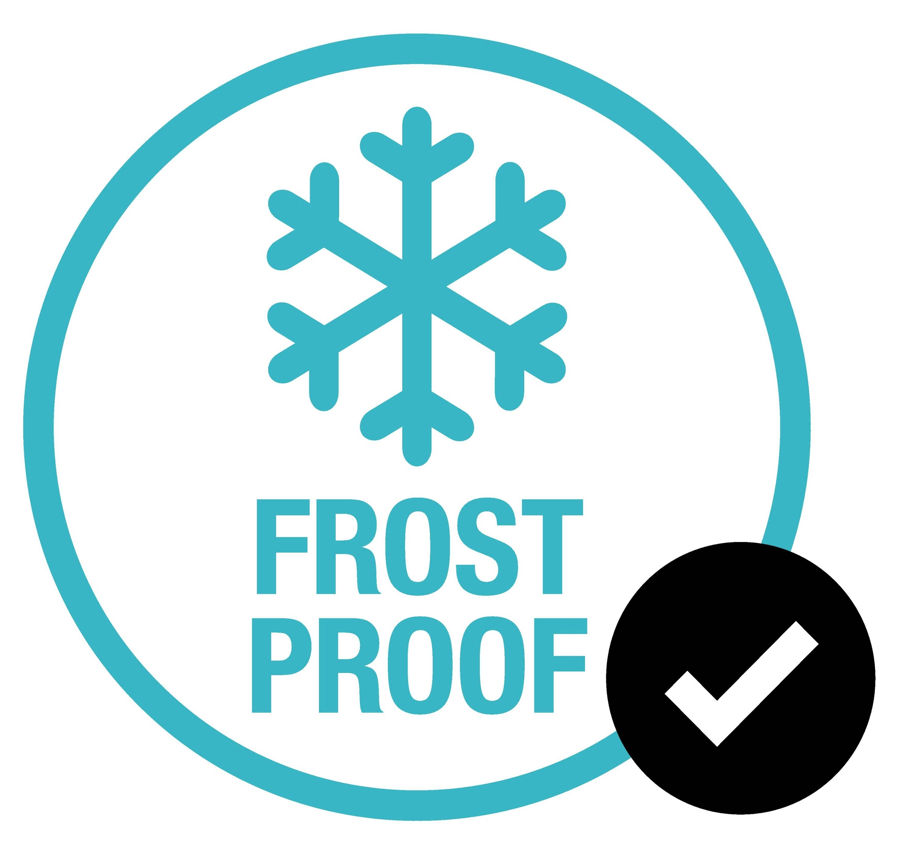 Blaues Schneeflockensymbol mit der Aufschrift 'Frost Proof'. Ein Häkchen zeigt, dass es frostbeständig ist.