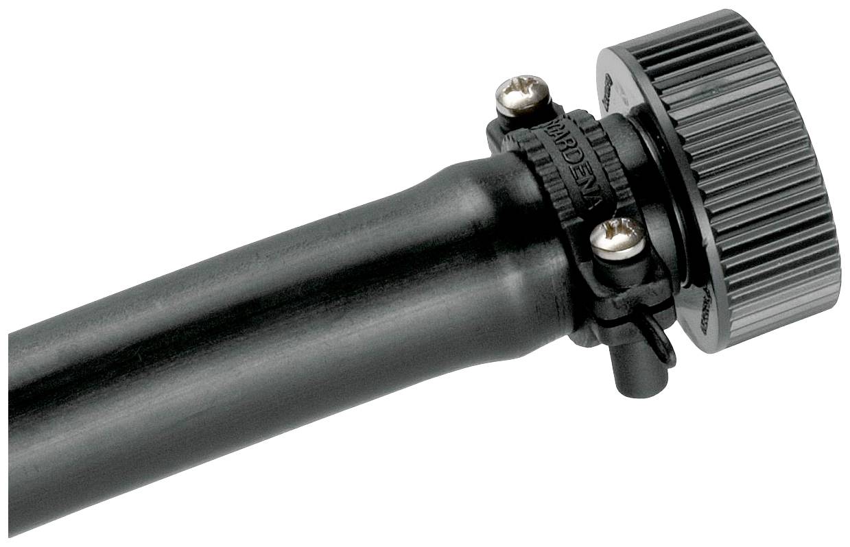 Schwarzes Gartenwasserhahnschloss mit geriffeltem Drehknopf und sicherer Schraubenbefestigung zur Diebstahlsicherung von Wasser.