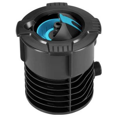 Ein automatischer Regensensor in Schwarz und Blau, eingebaut in einem runden Gehäuse, zur Steuerung von Bewässerungssystemen.