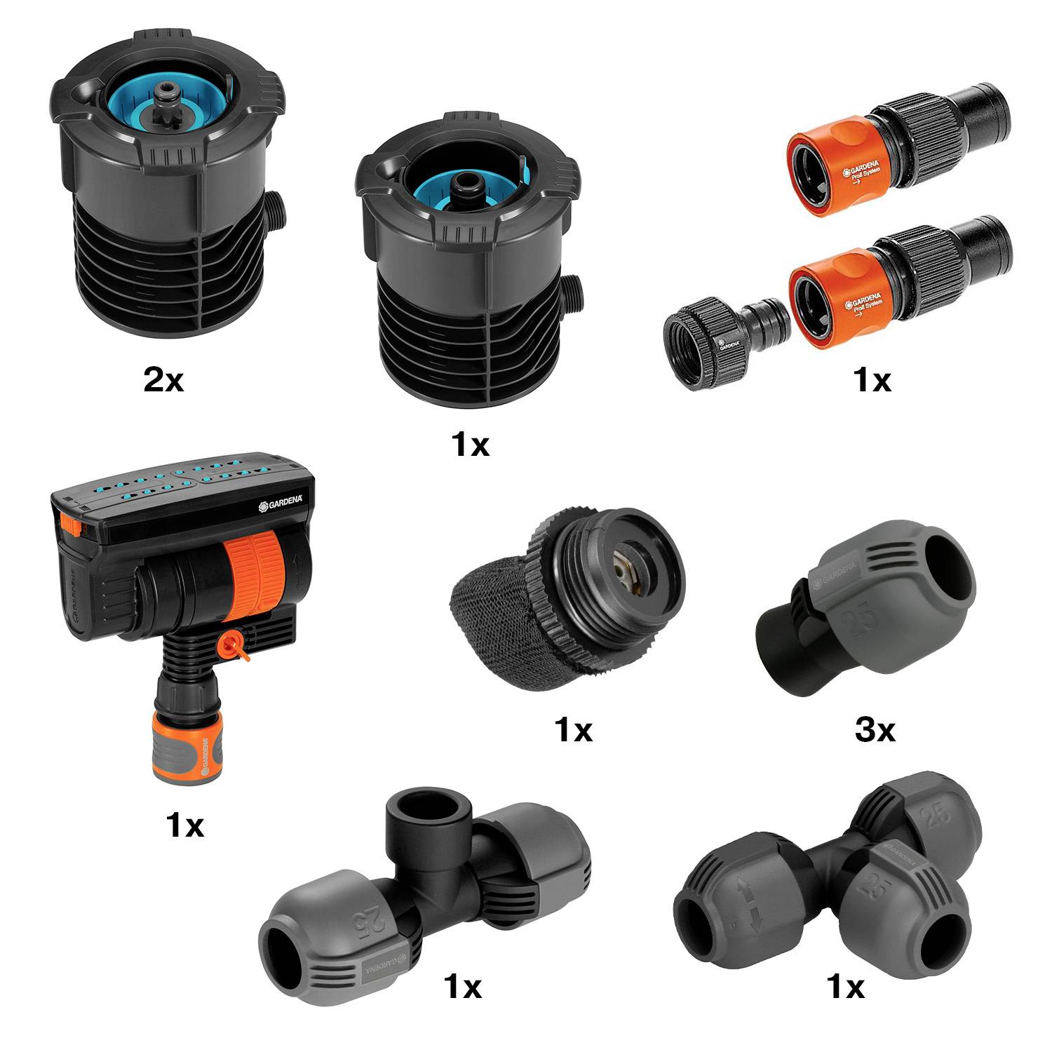 Verschiedene Bewässerungsverbinder und Armaturen für Gartenschläuche, darunter T-Stücke und Kupplungen in Schwarz und Orange.