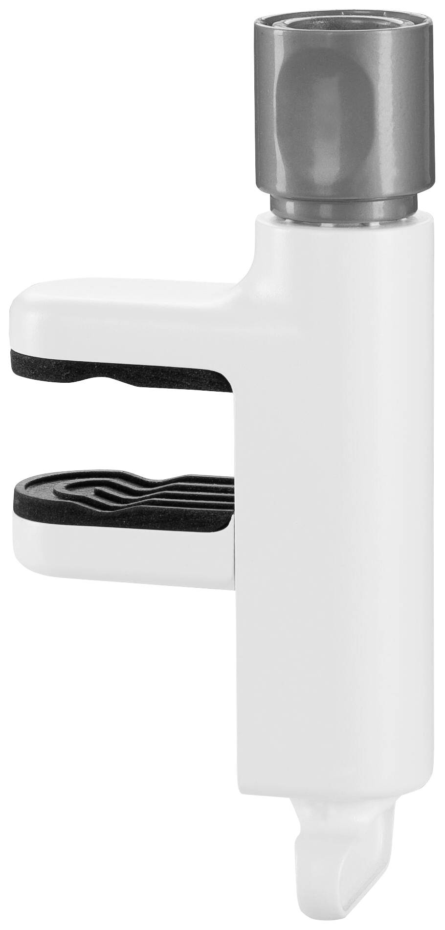 Weißer Kunststoffadapter mit grauer Düse, passend zum Aufsetzen auf runde Flaschenöffnung.