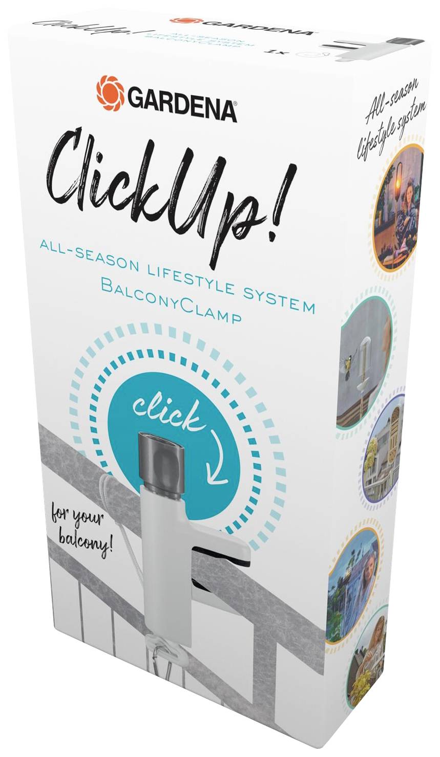 Verpackung eines Gardena ClickUp! Systems zur Balkonbefestigung. Zeigt Anwendungsbeispiele und den Schriftzug 'for your balcony'.