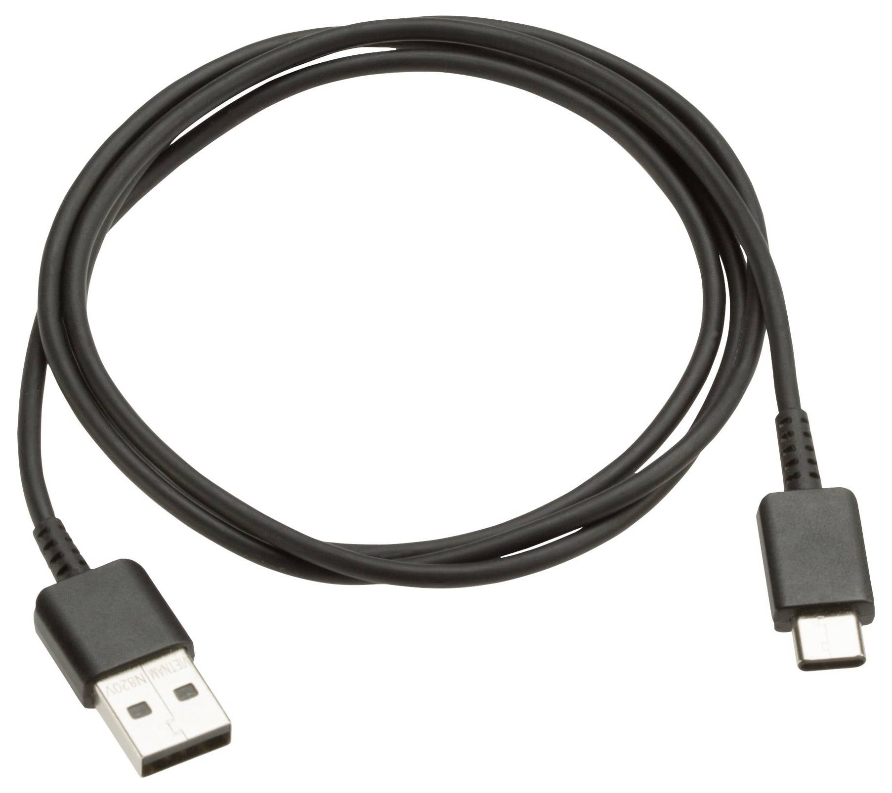 Ein schwarzes USB-Kabel mit einem USB-A-Anschluss an dem einen Ende und einem USB-C-Anschluss am anderen Ende, zu einer Schleife aufgewickelt, wird zum Laden oder zur Datenübertragung verwendet.