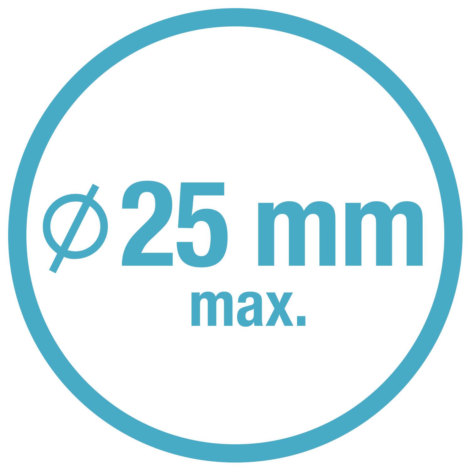 Icon mit Durchmesserzeichen und der Aufschrift '25 mm max.', bedeutet maximaler Durchmesser von 25 Millimetern.