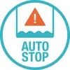 Ein rundes Symbol mit einem orangefarbenen Warndreieck und einem stilisierten Wassertropfen darüber. Text 'AUTO STOP'.