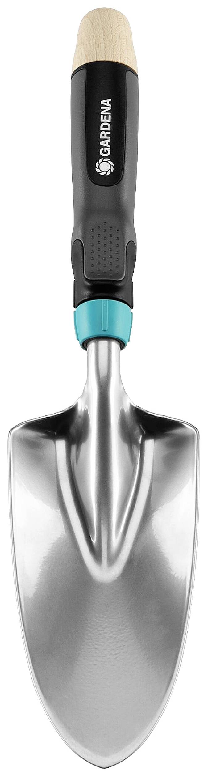 Handschaufel mit schwarzem Griff und silberner Klinge, geeignet für Gartenarbeiten.