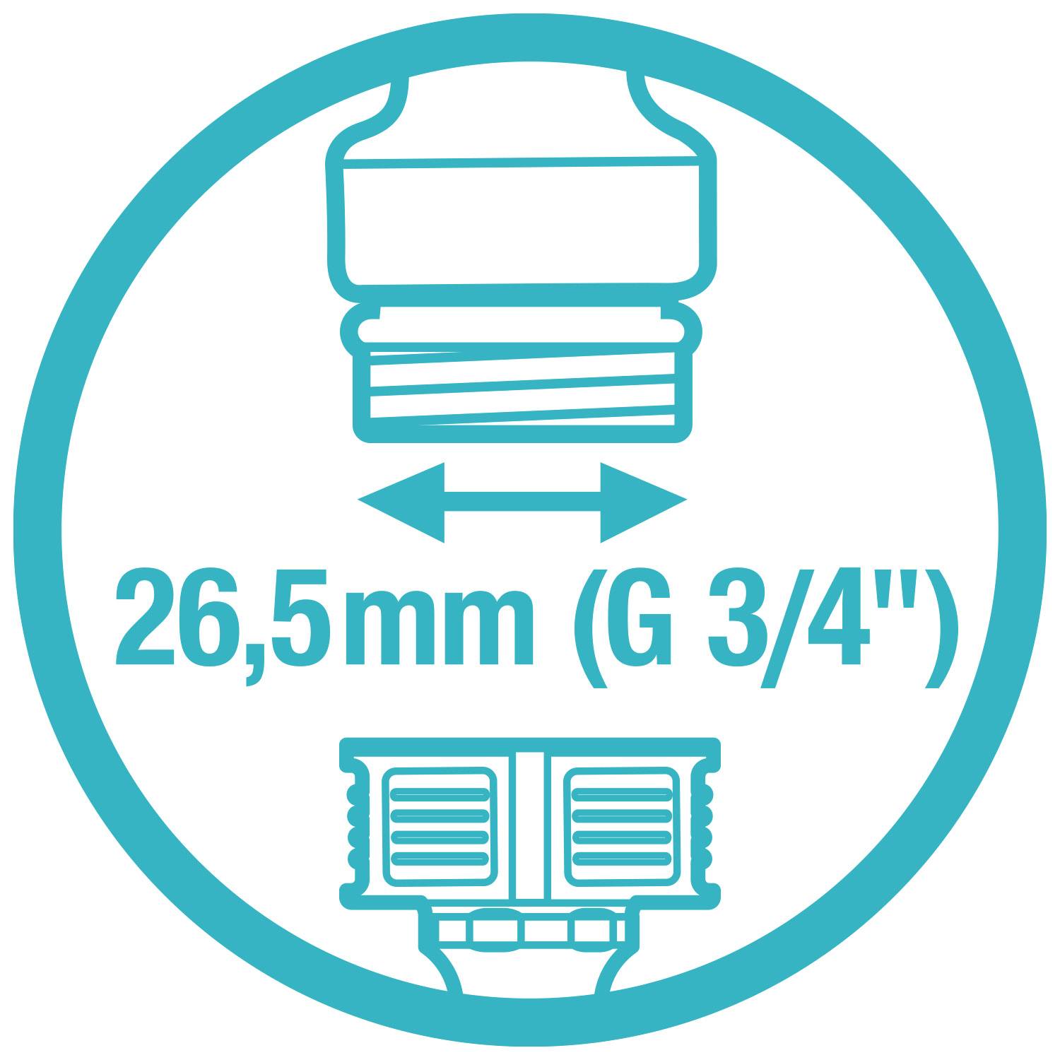 'Diagramm eines Verbindungsstücks mit einem Durchmesser von 26,5 mm (G 3/4").'