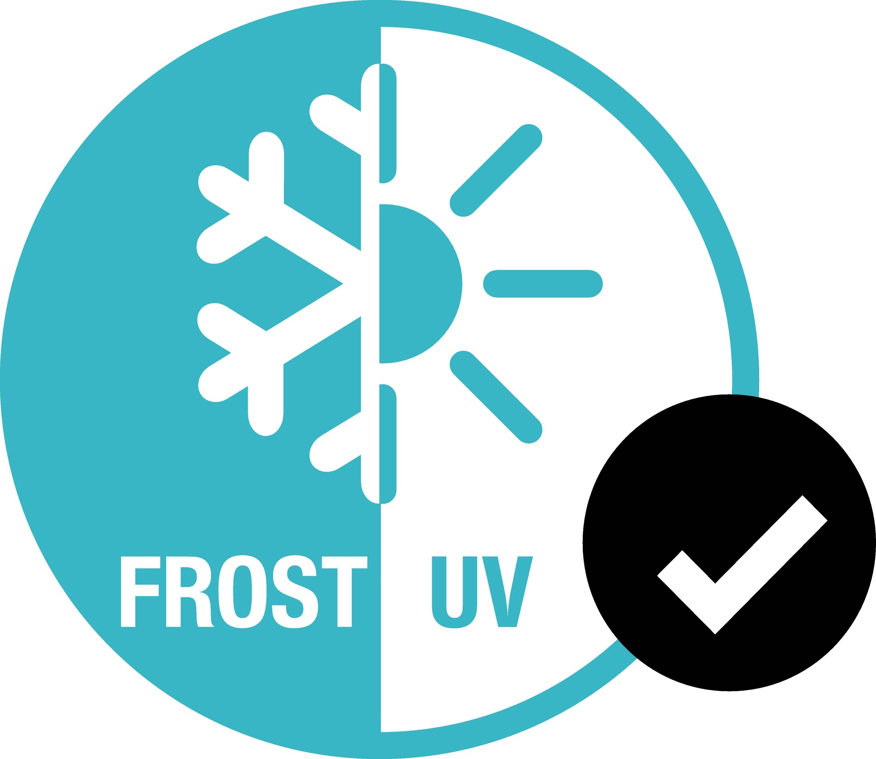 Ein Kreis mit einer Schneeflocke und einer Sonne, geteilt in "FROST" und "UV". Ein Häkchen in einem schwarzen Kreis daneben.