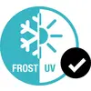 Ein Kreis mit einer Schneeflocke und einer Sonne, geteilt in "FROST" und "UV". Ein Häkchen in einem schwarzen Kreis daneben.