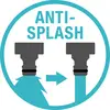 'Zeigt ikonische Darstellung mit Text: Anti-Splash. Linke Seite: Spritzer, rechte Seite: Kein Spritzer. Effekt des Anti-Splash-Designs.'