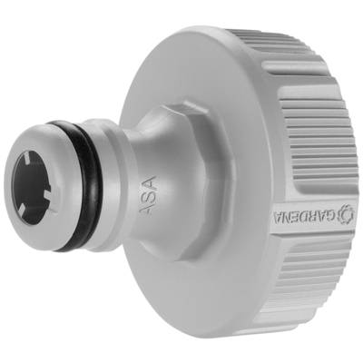 Kunststoff-Gartenschlauch-Adapter mit Aufschrift 'GARDENA' und 'ASA', zur Verbindung von Schläuchen an Gartenarmaturen.