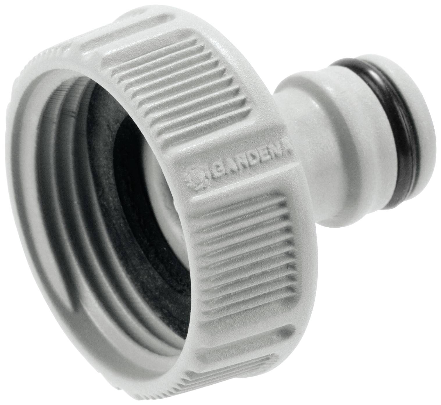 Grauer Gartenschlauchanschluss mit Gewindeanschluss und schwarzem Gummidichtungsring, zur Verbindung mit Wasserhahn.