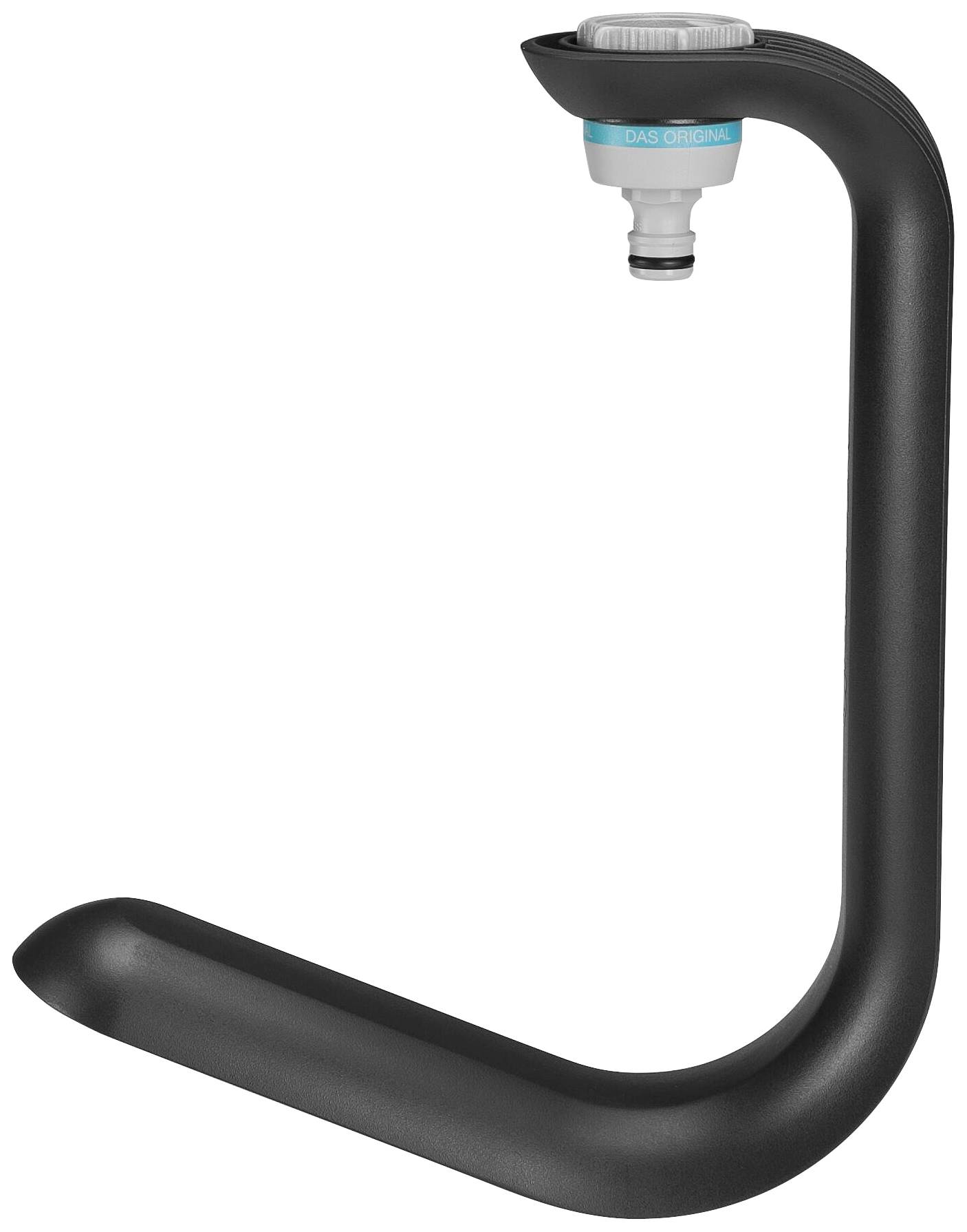 Schwarzer Wasserhahn mit vertikaler Ausrichtung und Anschlussadapter oben.