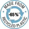 'Logo mit blauem Recycling-Symbol, Text: Mehr als 65 % aus recyceltem Kunststoff hergestellt.'