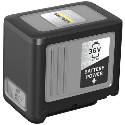 Schwarzer Akumulator mit der Aufschrift '36V, 6.0 Ah, Battery Power+'. Anzeige zeigt 100% Ladung an.