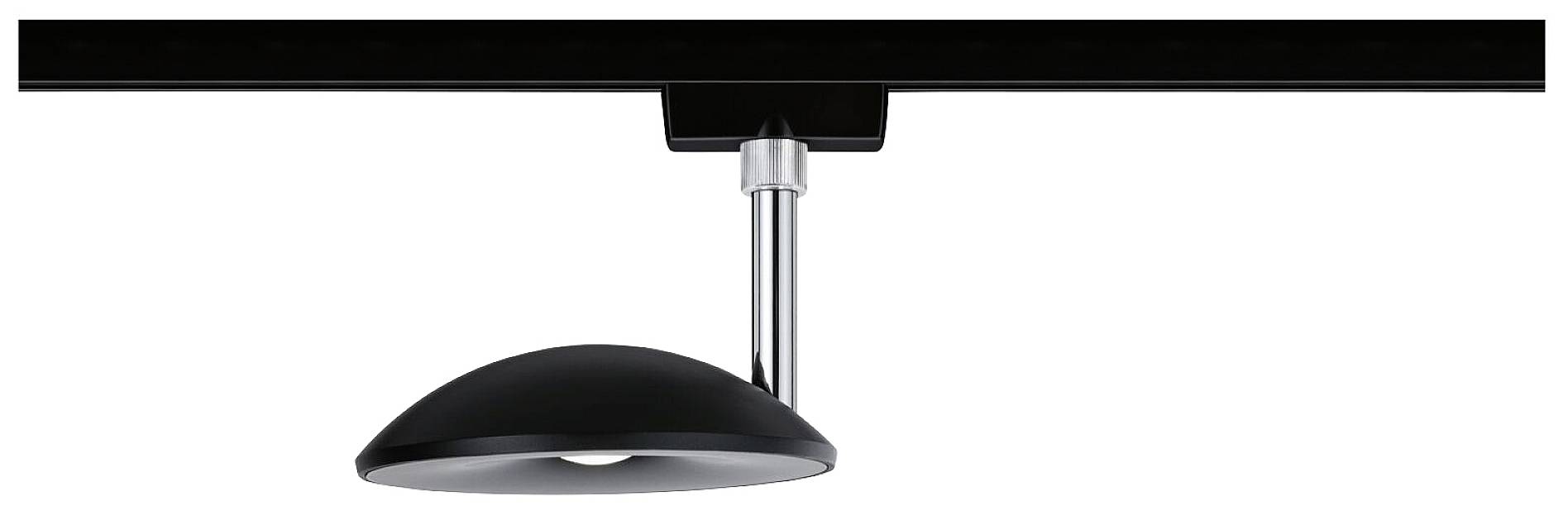 Eine schwarze, halbkreisförmige Lampe hängt an einer Metallschiene von der Decke. Sie ist schlicht und modern gestaltet.