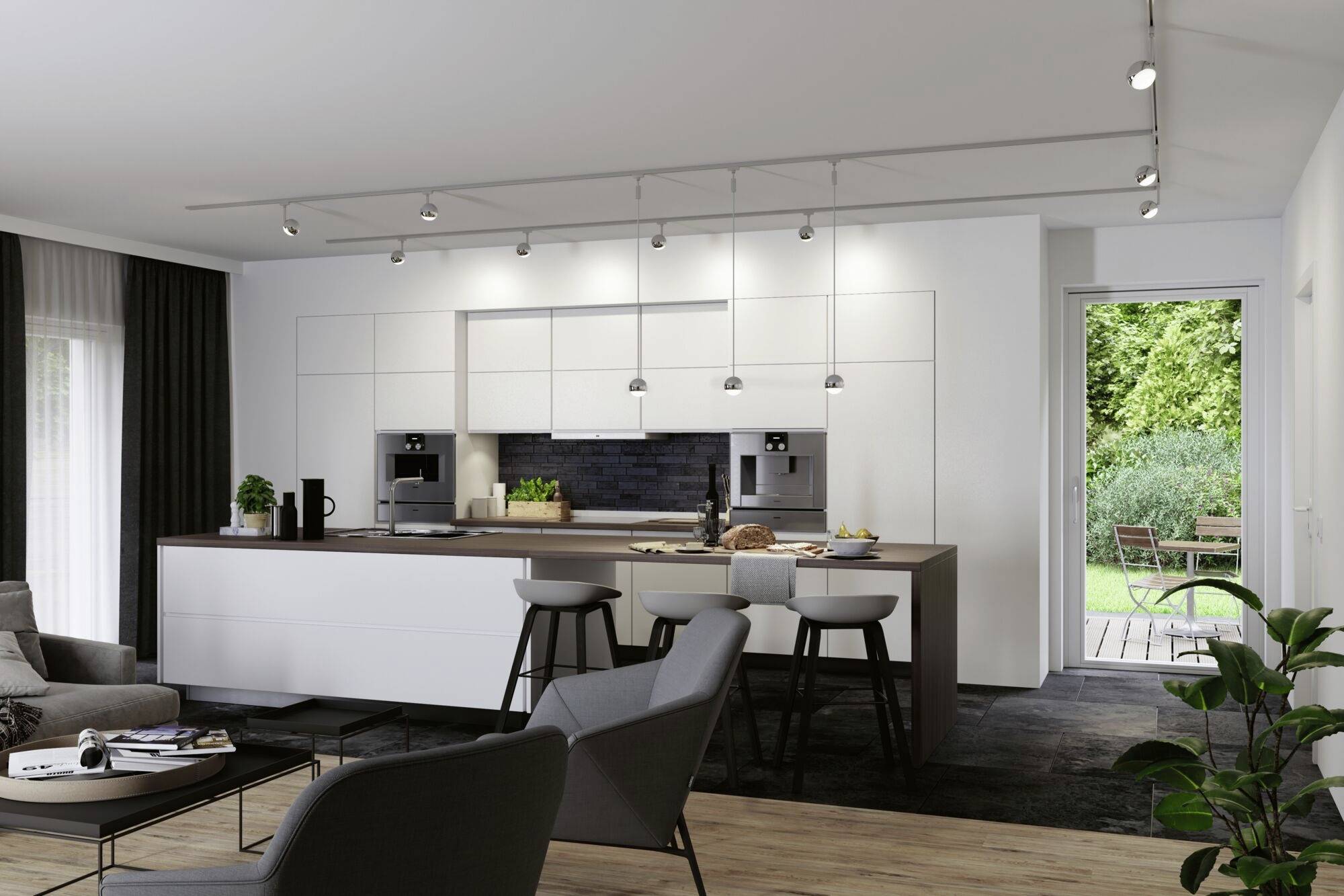 Moderne, helle Küche und Wohnzimmer mit weißen Schränken, grauen Möbeln und Blick auf eine Terrasse mit grünem Garten im Hintergrund.