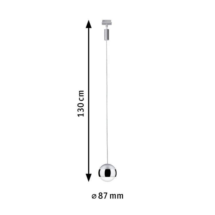 Pendelleuchte mit einer Gesamtlänge von 130 cm und einem Durchmesser von 87 mm am Ende, bestehend aus einem kugelförmigen Gewicht.