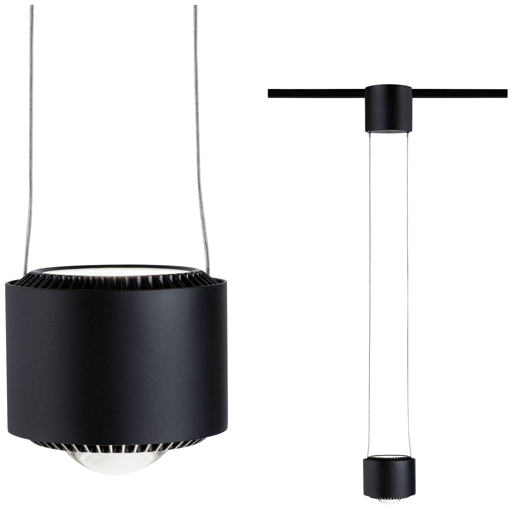 Moderne schwarze Hängelampe mit zylindrischem Design und klarer Glaskuppel. Geeignet für zeitgenössische Innenräume.