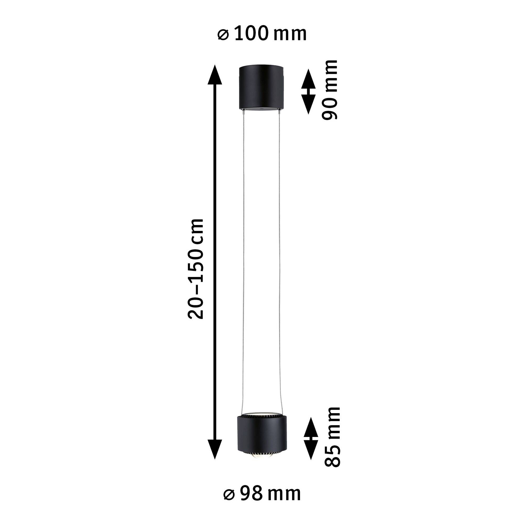 'Längliche, zylindrische Lampe mit verstellbarer Höhe von 20 bis 150 cm. Oben 100 mm Durchmesser, unten 98 mm. Obere Höhe 90 mm, untere 85 mm.'