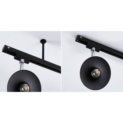 Eine schwarze Deckenleuchte mit industrierellem Design. Links zeigt die Lampe nach unten, rechts ist die Lampe seitlich gedreht.