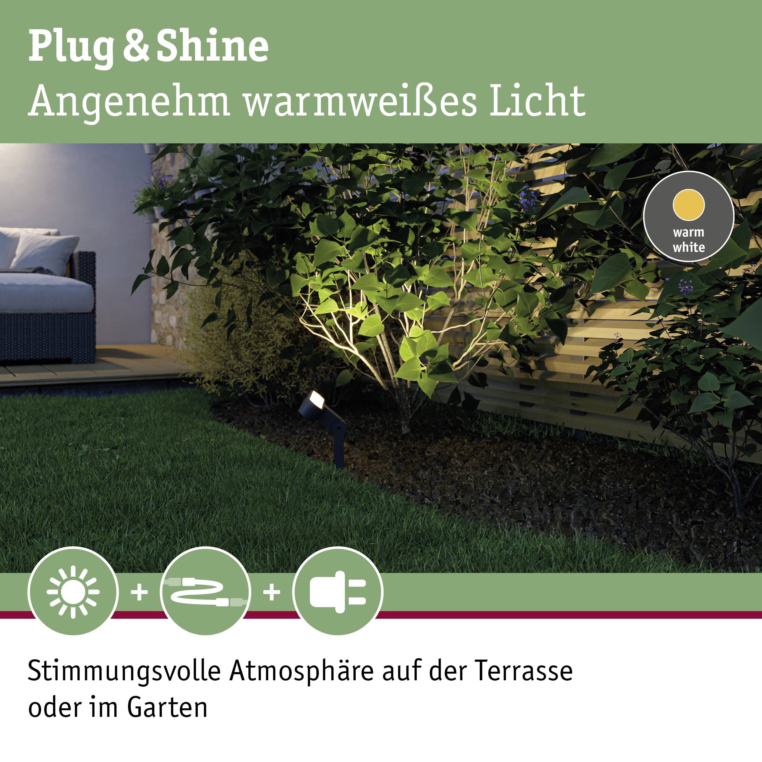 Plug & Shine Gartenbeleuchtung sorgt für stimmungsvolle Atmosphäre auf der Terrasse mit warmweißem Licht.
