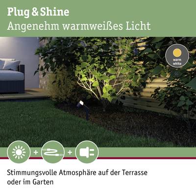 Plug & Shine Gartenbeleuchtung sorgt für stimmungsvolle Atmosphäre auf der Terrasse mit warmweißem Licht.