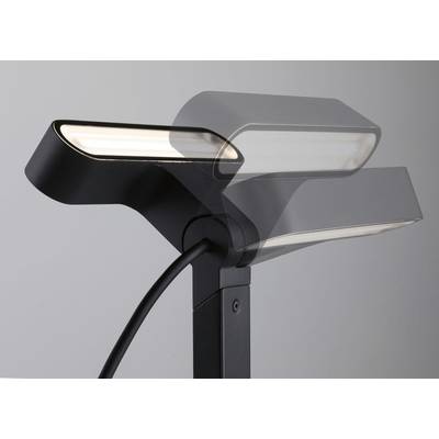 Eine moderne, schwarze Stehlampe mit einem beweglichen LED-Leuchtkopf, der in zwei Positionen gezeigt wird, erleuchtet einen Raum.