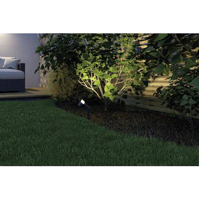 Ein Garten mit Rasen, beleuchtet von einem kleinen warmen Spotlight, das auf einen Strauch gerichtet ist, nahe einer Terrasse.