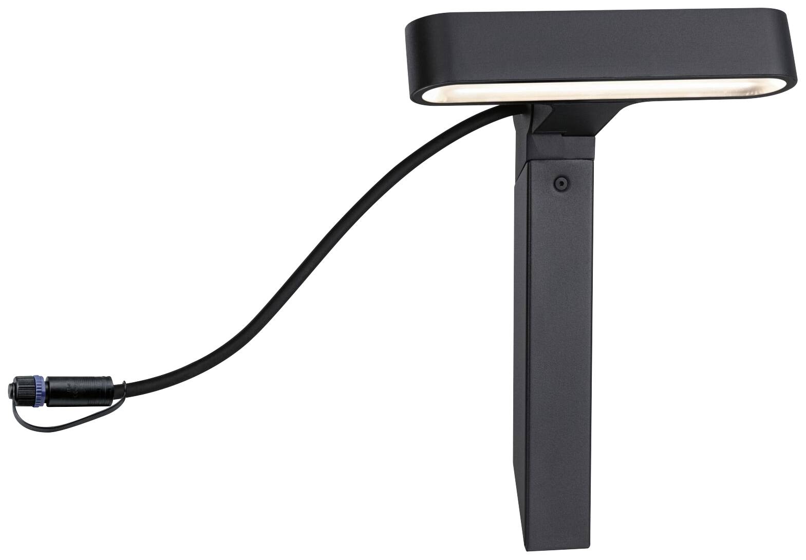 Eine schwarze Außenlampe mit rechteckigem Kopf und Kabelanschluss, verwendet zur Beleuchtung von Gehwegen oder Gärten.