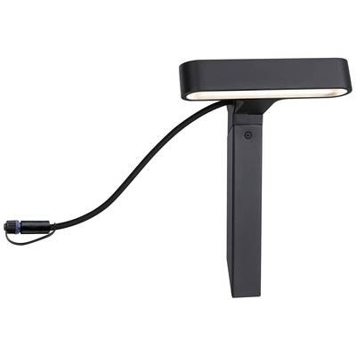 Eine schwarze Außenlampe mit rechteckigem Kopf und Kabelanschluss, verwendet zur Beleuchtung von Gehwegen oder Gärten.