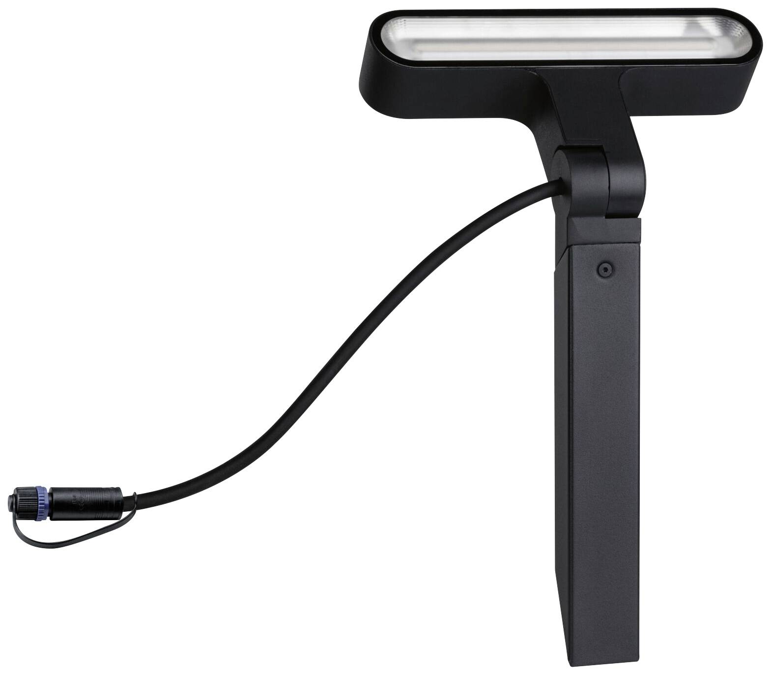 Schwarze Leuchte mit rechteckigem Kopf und flexiblem Kabel, geeignet für Außenbeleuchtung.
