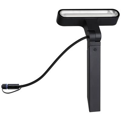 Schwarze Leuchte mit rechteckigem Kopf und flexiblem Kabel, geeignet für Außenbeleuchtung.