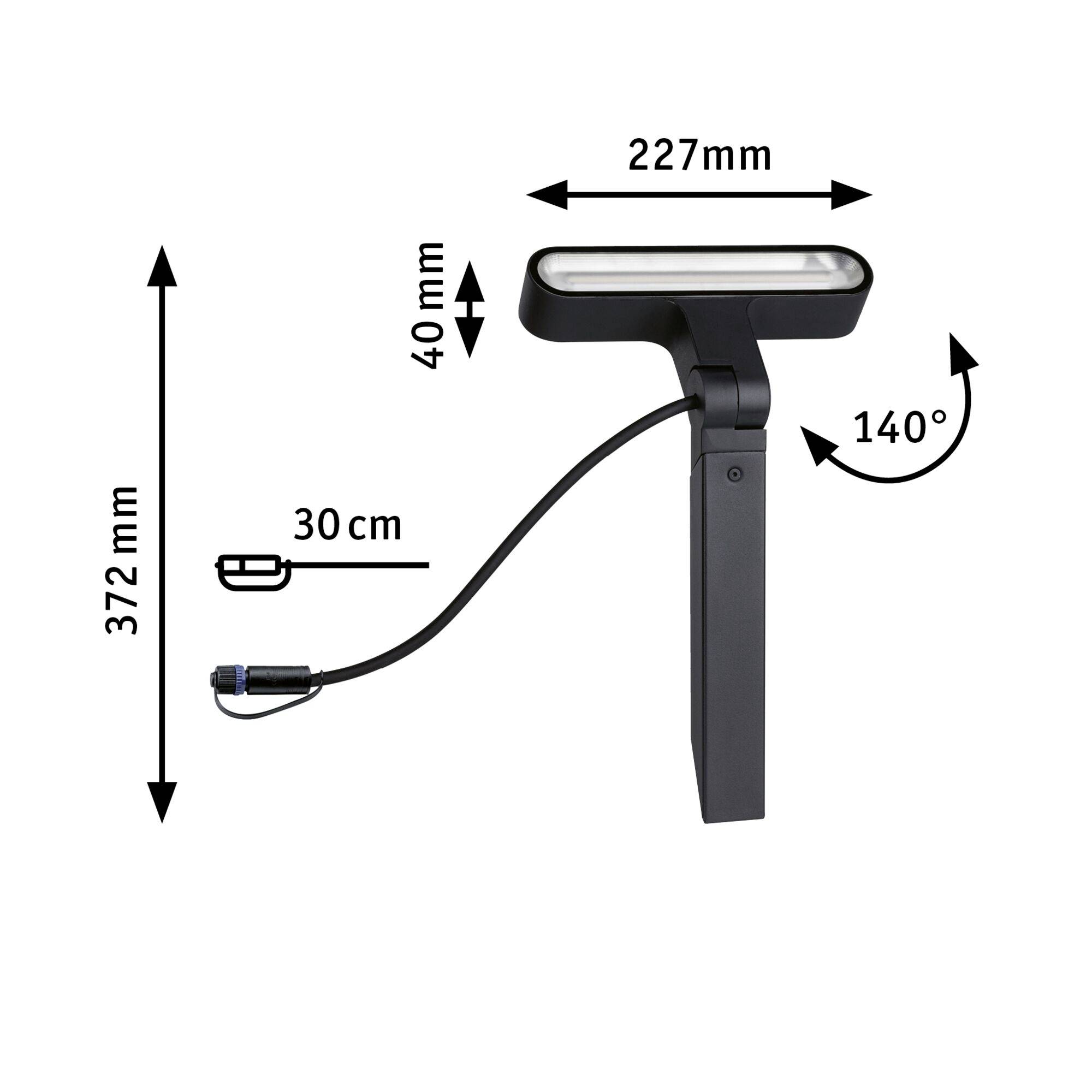 Stehlampe mit verstellbarem Kopf, 227 mm Breite, 372 mm Höhe, 40 mm Tiefe. Schwenkbereich 140°, Kabel 30 cm lang.