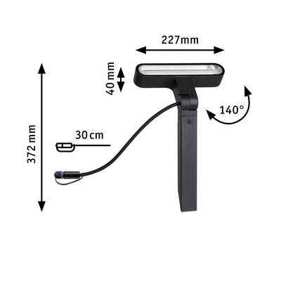Stehlampe mit verstellbarem Kopf, 227 mm Breite, 372 mm Höhe, 40 mm Tiefe. Schwenkbereich 140°, Kabel 30 cm lang.