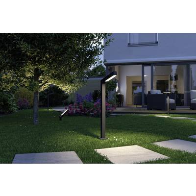 Moderner Garten bei Abenddämmerung mit beleuchteten Wegen, Rasen, Bäumen und Blick ins gemütlich beleuchtete Wohnzimmer.