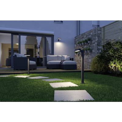 Ein moderner Garten bei Abenddämmerung: beleuchtete Gehwegplatten führen zu einer Terrasse mit weißen Sofas, umgeben von Pflanzen.