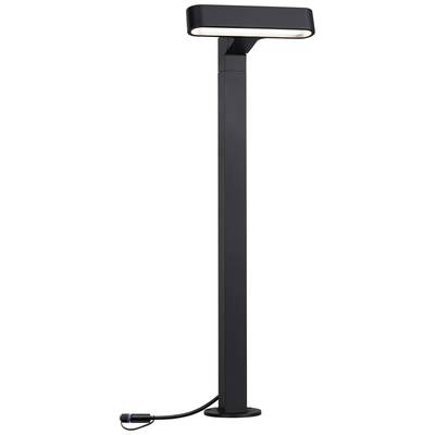 Eine schwarze Stehlampe mit modernem, rechteckigem Lampenschirm und einem Netzkabel, geeignet für den Innen- oder Außenbereich.