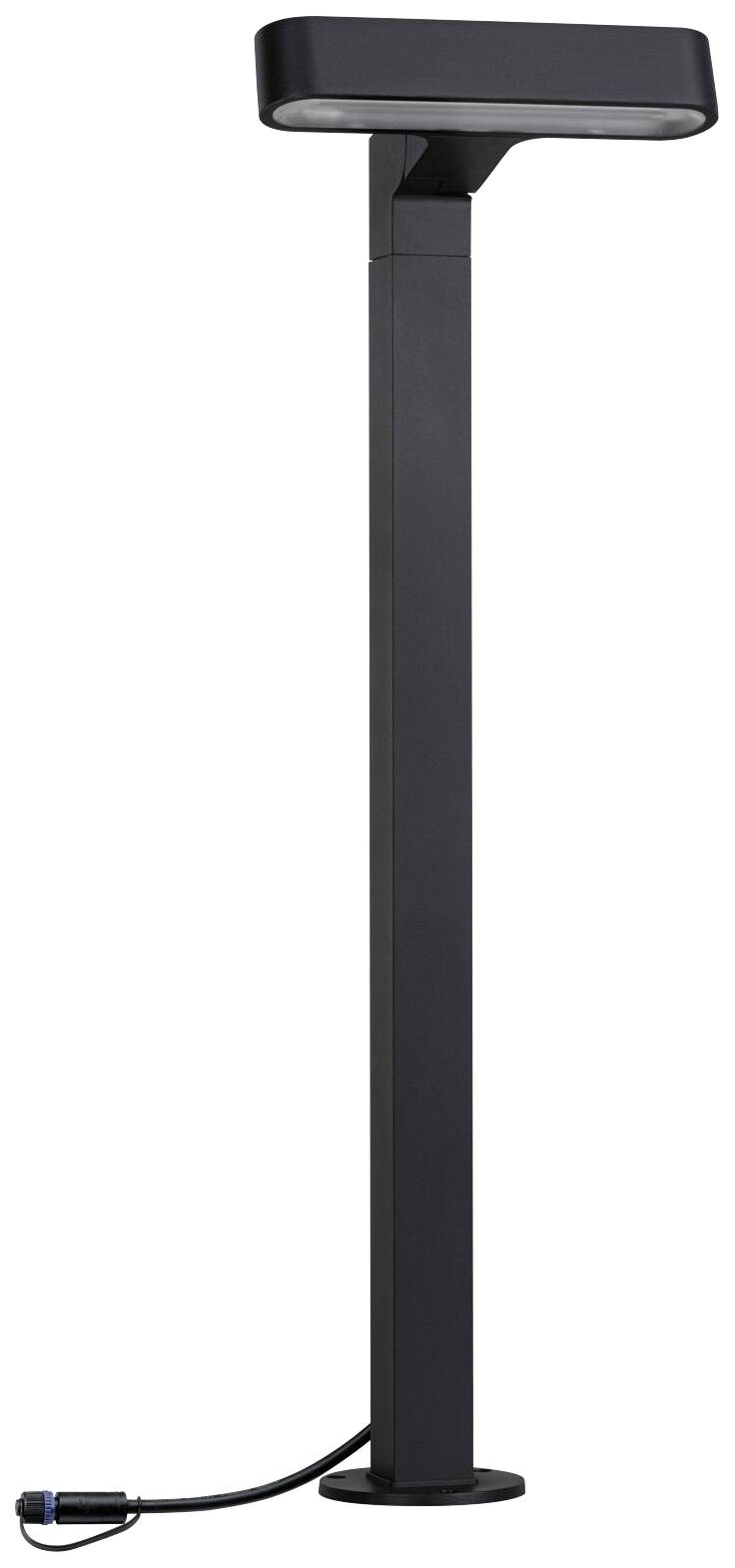 Die Abbildung zeigt eine moderne schwarze Stehleuchte mit rechteckigem Kopf, geeignet für den Außenbereich. Ein angeschlossener Stromkabel ist sichtbar.
