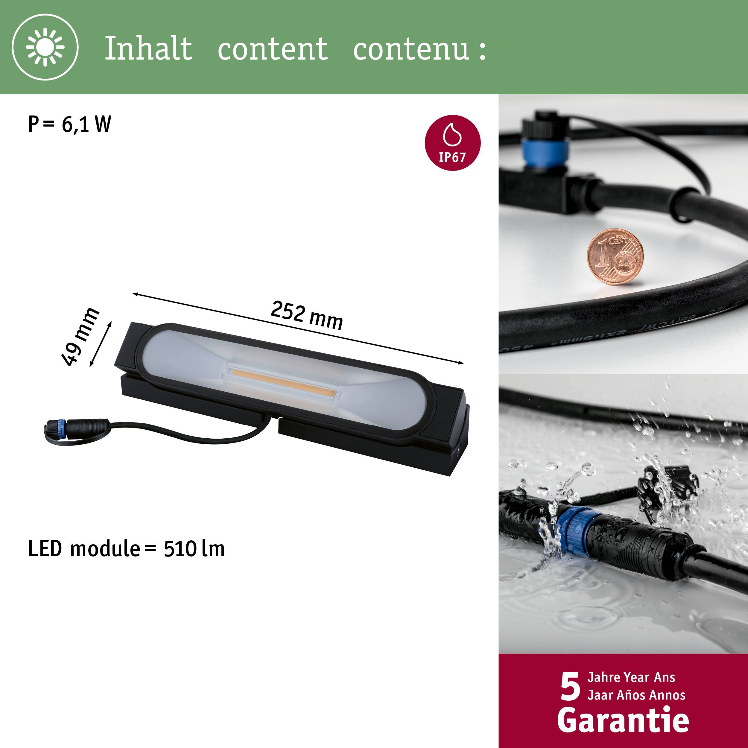 'LED-Leuchte, 6,1 W, 252 mm Länge, IP67 Schutzart, 5140 Lumen, 5 Jahre Garantie. Bild zeigt Maßangaben und Wasserbeständigkeit.'