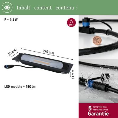 'LED Modul: 6,1 W, 510 lm, IP67; Maße: 279x76x33 mm. 5 Jahre Garantie.'