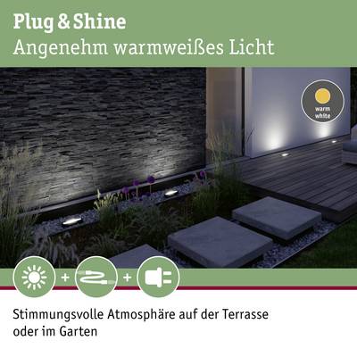 Plug & Shine Beleuchtung schafft angenehmes, warmweißes Licht auf der Terrasse. Ideal für stimmungsvolle Gartenbeleuchtung.