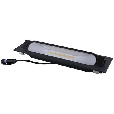 Ein rechteckiger LED-Einbaustrahler in schwarzem Rahmen mit angeschlossenem Kabel.