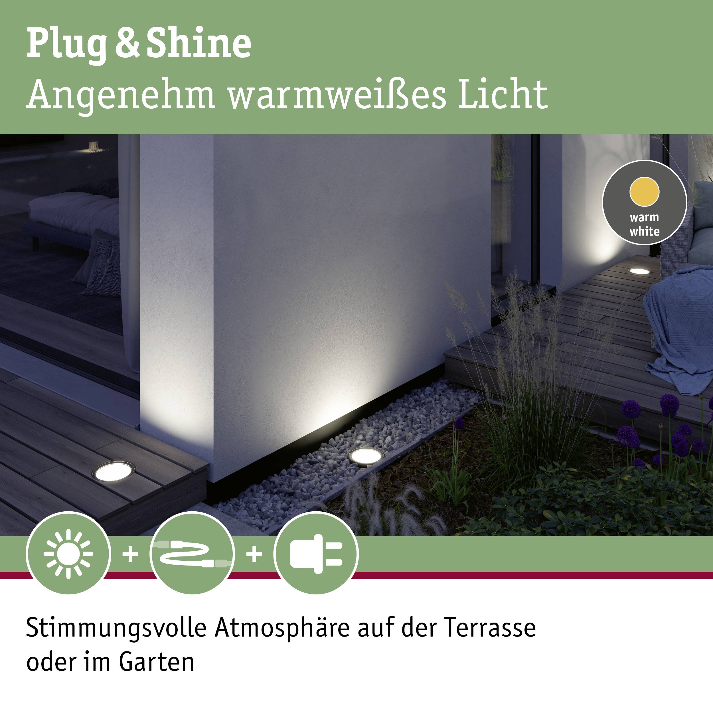 Plug & Shine Außenbeleuchtung schafft eine angenehme, warmweiße Atmosphäre auf der Terrasse oder im Garten mit akzentuiertem Licht.